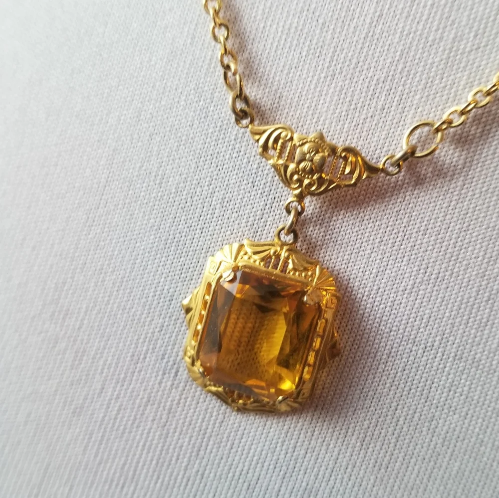 Vintage Art Deco necklace yellow gem gold tone faceted 1920s 1930s Gatsby